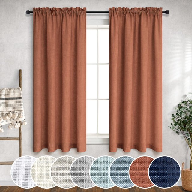 Mrs.Naturall Terracotta Curtains 45 Inch Length for Kitchen Farmhouse Decor 2 Panels Set Rod Pocket Semi Sheer Linen Light Filtering Lightweight Boho Bathroom Dining Room Burnt Orange Red Brown Rust