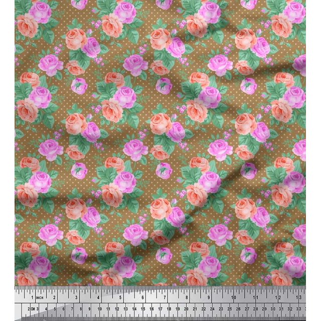 Soimoi Poly Georgette Tissu Dot, Feuilles & Rose Imprimé Floral Couture Tissu Yard 52 Pouces de Large