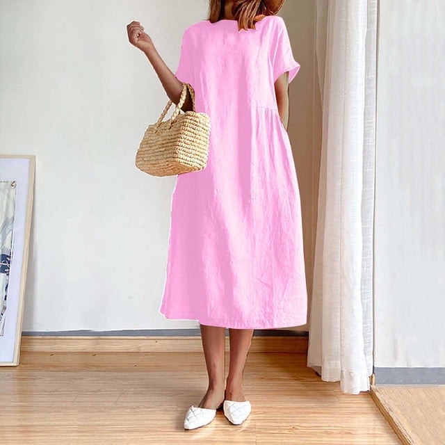 LOVZFMLL Women's Summer Fashion Solid Color Round Neck Short Sleeve Linen Dress Pink L