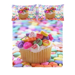 Gouchee Home Cupcake Queen Ensemble de couverture de duvet Reine – 3-Piece Literie en coton certifiée Oeko-Tex avec Sweet Candy & Imprimé de cupcake