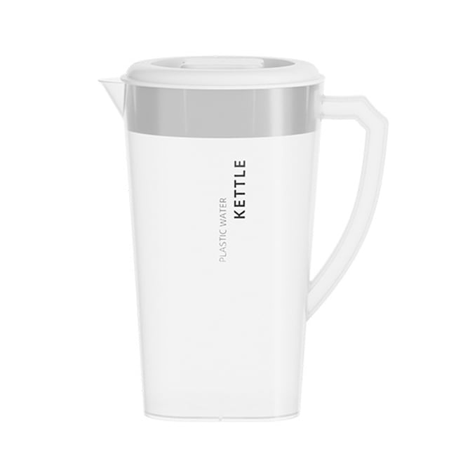 Wzzjkit Plastic Pitcher, a clear water pitcher with lid, featuring a shatterproof design and a large 2.2L capacity. Made of food-grade acrylic plastic, it includes a sturdy handle, a non-dripping spout, and a slim profile for easy storage in refrigerators. Ideal for serving iced tea, sangrias, lemonade, milk, and other beverages. The white pitcher has a sleek design with 'Plastic Water Kettle' text on the side.