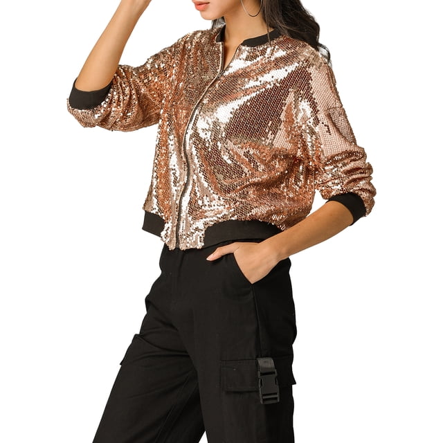 INSPIRE CHIC Women's Sequin Jacket Zipper Closure Hidden Pockets Bomber Jacket M Rose Gold