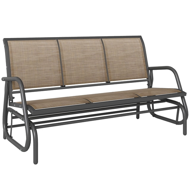 Outsunny 3-Seat Outdoor Glider Chair in brown, featuring a powder-coated metal frame and UV-resistant mesh fabric seat and back panels. This outdoor glider bench is designed with curved armrests and backrest for comfort, accommodating up to three people with a maximum weight capacity of 660 lbs. Ideal for patio seating, gardens, and other outdoor spaces.