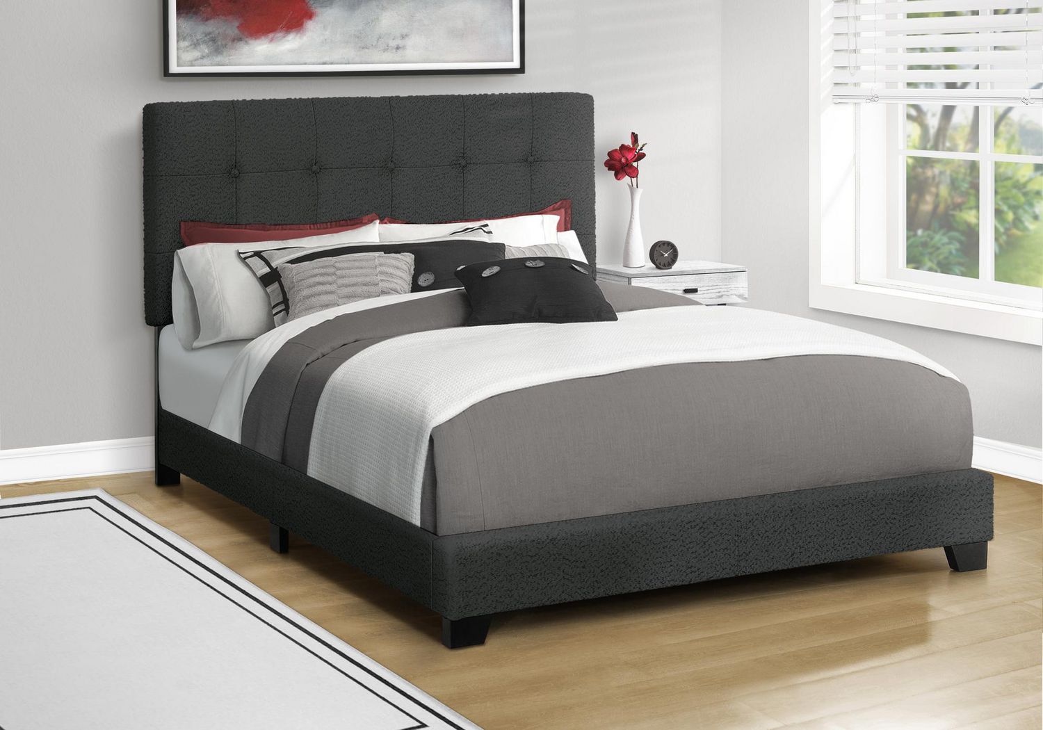 Monarch Specialties Lit, Chambre À Coucher, Cadre Seulement, Grand, Rembourré, Boucle Gris Foncé, Transitionnel