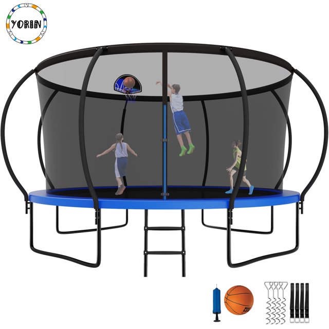 YORIN Trampoline pour Enfants de 7 à 8 Ans, Trampoline de 14 Pi pour Adultes avec Filet de Protection, Panier de Basketball, Échelle, Capacité de Poids de 1400 Lb, Trampoline Récréatif Extérieur, Trampoline Robuste