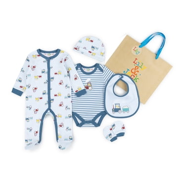 Lily and Jack Puppy Train 5-Piece Layette Set – 100% Cotton Baby Essentials, Sleepsuit, Bodysuit & More – Adorable & Comfortable Gift for Baby Boys & Girls