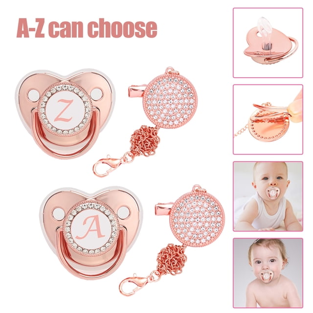 XZNGL Baby Pacifier with Initial Letter Clip for Infant, Rose Gold Silicone Nipple, 5.5 cm Length, 4.8 cm Width, 29 cm Anti-Loss Chain, Bling Rhinestone Decorated, for Newborn
