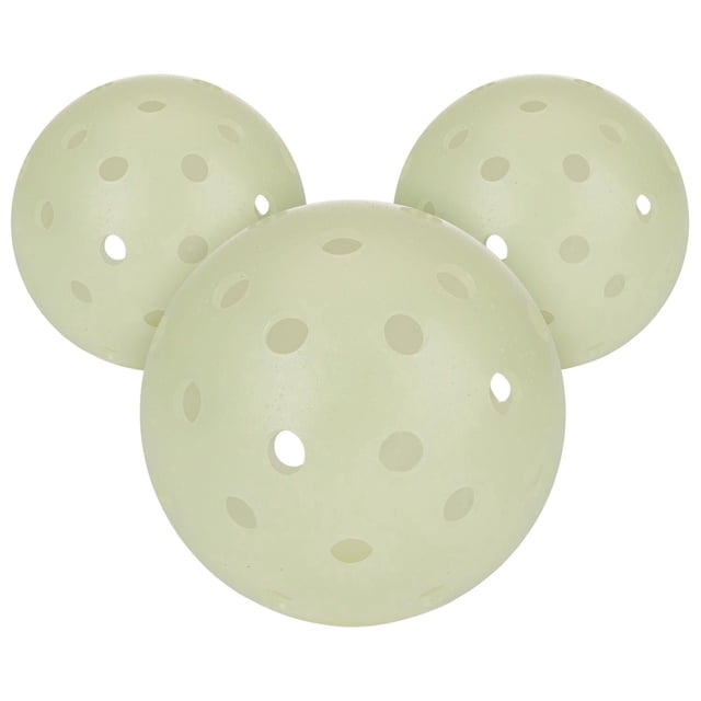 Franklin Sports Glow in the Dark Pickleball set with three pale green outdoor pickleballs featuring multiple round holes, official 26g weight and 74mm diameter, designed for night play after charging under light, ideal for recreational practice.