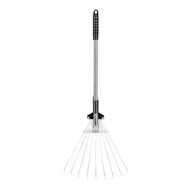 TopLLC Tools Retractable Garden Deciduous Rake with a stainless steel round head, adjustable width knob, and retractable shaft. The rake features a carbon steel head and a black plastic anti-slip handle, making it suitable for collecting leaves and grass in gardens and outdoor spaces.