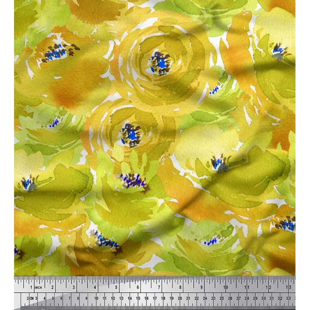 Soimoi Green Silk Fabric Flower Watercolor Decor Fabric Printed BTY 42 Inch Wide