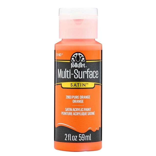 FolkArt Multi-Surface Satin Acrylic Paint 2 fl. oz. in Pure Orange, a plastic bottle with flip-top cap containing satin finish acrylic craft paint for wood, glass, fabric, and more, ideal for indoor and outdoor decorative art projects.
