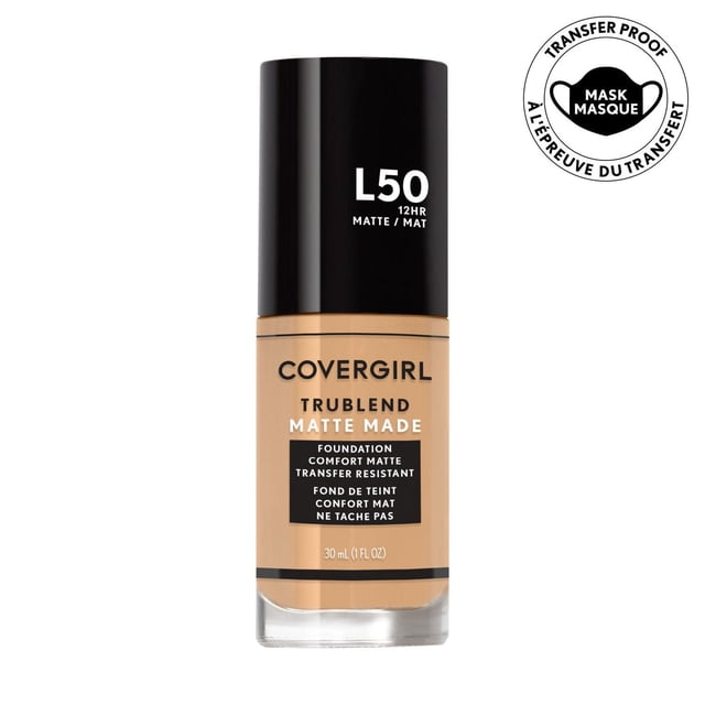 COVERGIRL Trublend Matte Made Fond de Teint Teinte L50, Fond de Teint Liquide 30 ml avec Fini Mat et Tenue Résistante au Transfert après 12 Heures, Conçu pour la Peau Normale à Grasse pour Offrir une Couvrance Confortable, Sans Huile, Minimisant les Pores, Convient à un Usage Quotidien.