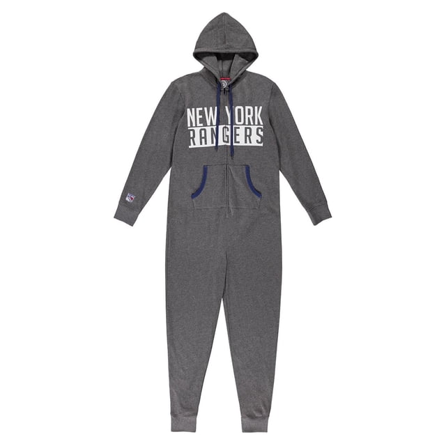 Dormeur pour Homme LNH en Gris Foncé avec un Chandail à Capuchon à Fermeture Éclair Intégrale Mettant en Vedette « New York Rangers' » en Blanc sur la Poitrine, Cordons Bleu Marine, Poches avant avec Garniture Bleu Marine, et Poignets Côtelés sur les Manches et les Chevilles pour un Ajustement Confortable.