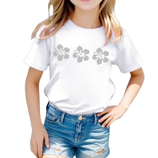 WEIYLL T-Shirt pour Filles Imprimé Floral Col Rond Manches Courtes Décontracté Doux pour Sortir 3-4 Ans