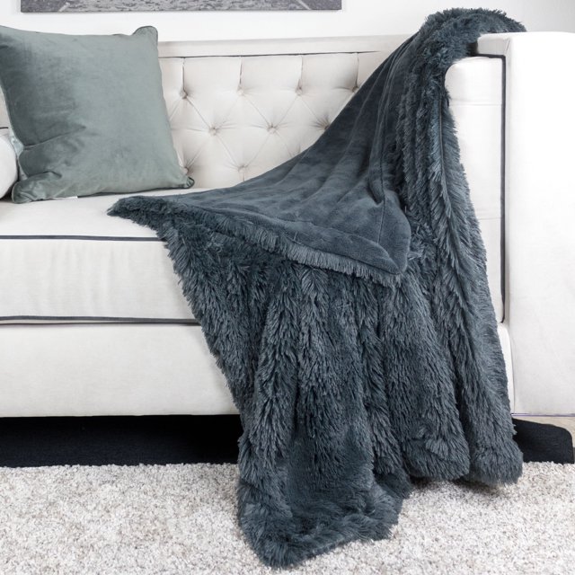 Homey Cozy Faux Fur and Flannel Metal Gray Throw Blanket, Super Soft Shaggy Fleece Fuzzy Lightweight Wool Plush Blanket for Sofa Couch Decorative Floor, 50"x60"
