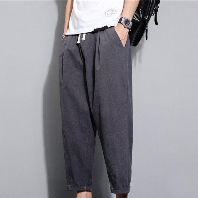 asjyhkr Plus Size Mens Linen Pants Elastic Waist Drawstring Hiking Beach Cropped Pants with Pockets,M-5XL