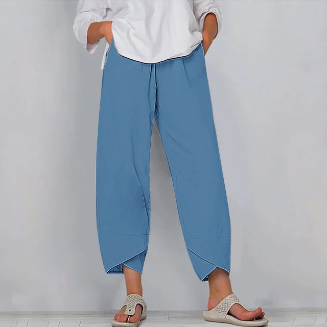 RXIRUCGD Women's Summer Comfortable Loose Wide Legged Fashion Solid Color Capris, Blue, Size: XL