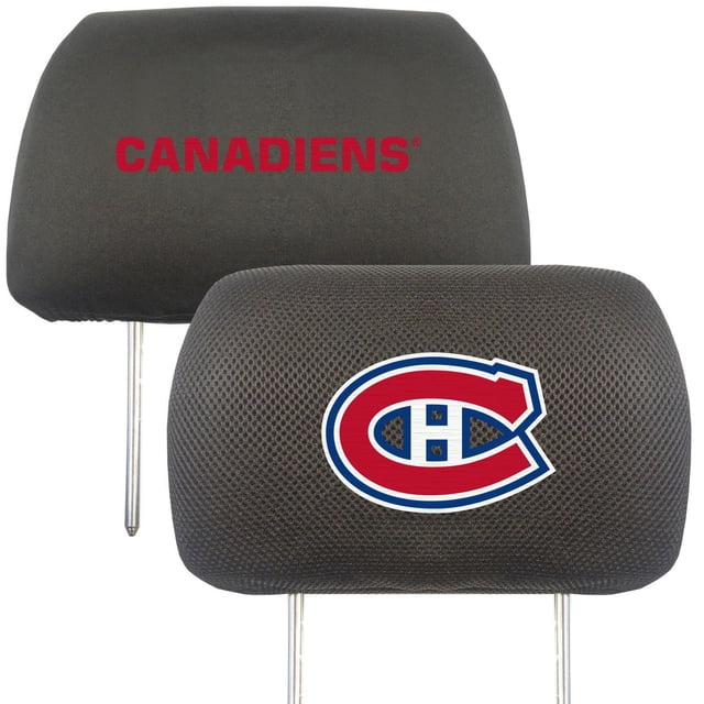 NHL Montreal Canadiens Head Rest Cover pair with one black cover embroidered with the red Canadiens wordmark on soft polyester and the other featuring the team logo on black mesh fabric, designed for universal fit with elastic bands, machine washable and ideal for protecting car seat headrests.