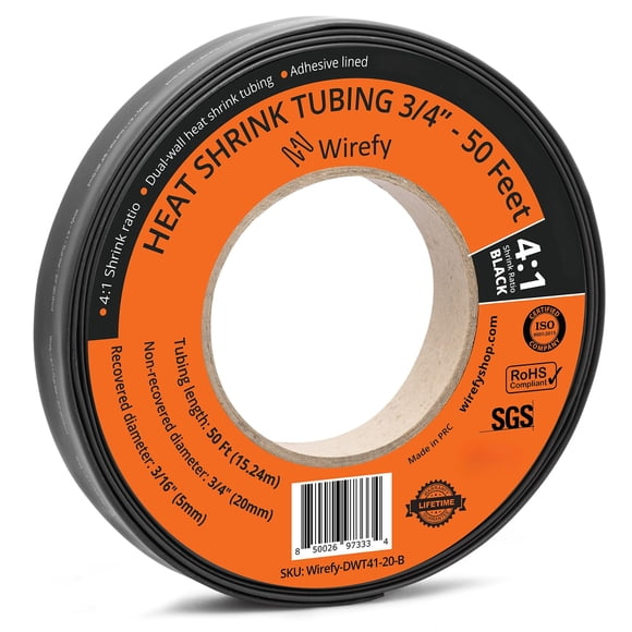 Wirefy 3/4" Heat Shrink Tubing - Large Diameter - 4:1 Ratio - Adhesive Lined - Industrial Heat-Shrink Tubing - 50 Feet Roll - Black