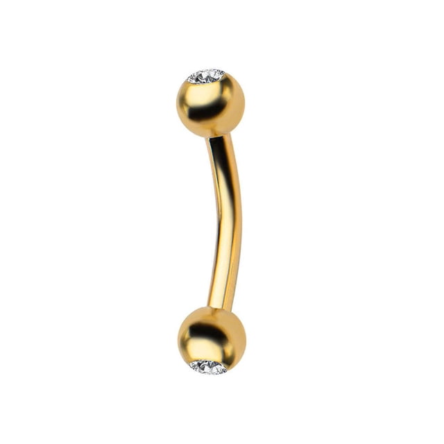 Gold Eyebrow Ring Anodized 16G Curved Barbell Clear CZ Cartilage Tragus Piercing featuring a gold I.P. coated curved barbell with two clear CZ gem bead balls. Made of 316L surgical steel for durability and hypoallergenic properties. The shaft measures 16 gauge with an overall length of 5/16 inch (8mm). Suitable for eyebrow, cartilage, and tragus piercings, this versatile body jewelry is designed for women and girls and is ideal for daily wear or gifting on special occasions.