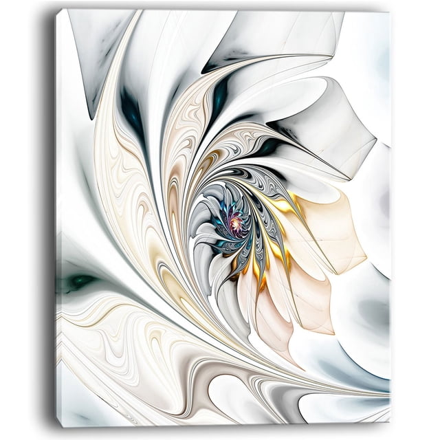 Design Art Vitrail Blanc Art Floral Grande Impression sur Toile Murale Florale Mettant en Vedette une Toile en Coton Enveloppée pour Galerie avec un Motif Floral Abstrait Tourbillonnant dans des Tons Blanc, beige, or et Bleu, Imprimée avec une Encre giclée Haute Résolution, Prête à Accrocher avec la Quincaillerie Incluse, Convient pour Rehausser la Déco de la Maison Ou du Bureau.