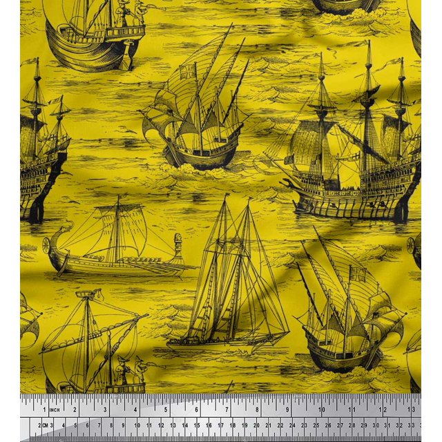 Soimoi Cotton Duck Fabric Waves & Ship Ocean Print Fabric by The Yard 56 Inch Wide