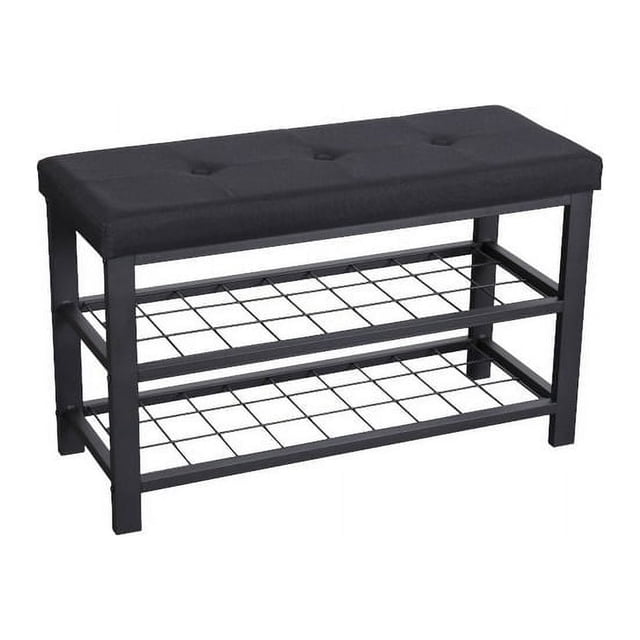 Nola Home Shoe Bench with Storage, a versatile shoe storage solution with a black metal frame, padded black fabric upholstered seat, and two-tier shoe rack. Compact design measuring 31.75 inches wide, 12.75 inches deep, and 19.75 inches high, suitable for organizing up to six pairs of shoes. Ideal for entryways or small spaces.
