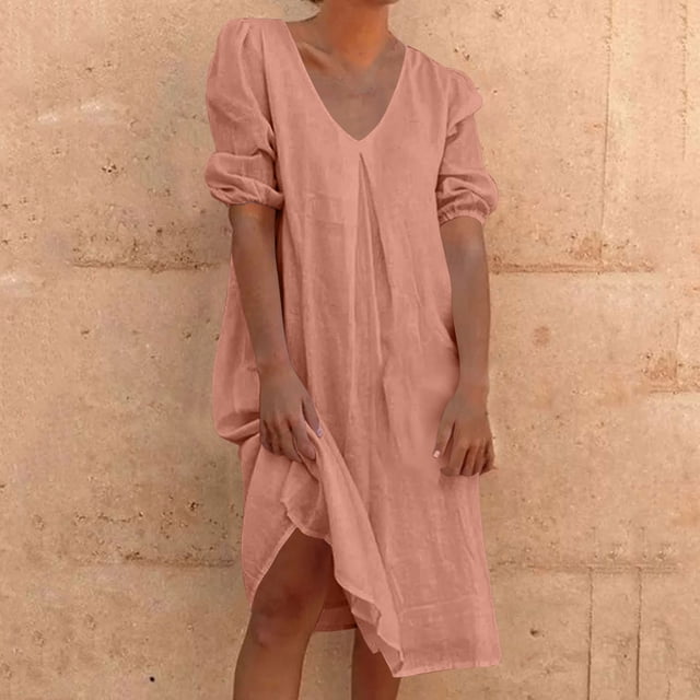 Liquidation d'Été 2025! Robe pour Femme Grande Taille, Liquidation de Robes d'Été pour Femmes, Combinaison d'Été pour Femme en Coton et Lin à Manches Courtes, Col en V, Manches Courtes, Jupe Longue