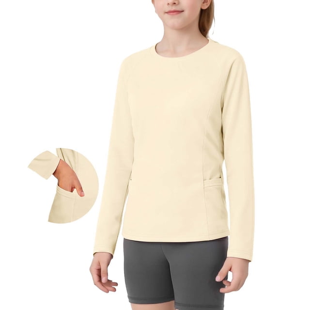 Roncen Rash Guard for Girls UPF 50+ SPF UV Protection Long Sleeve Workout Tops with Pockets Dry Fit Hiking Swim Shirt 4-15 Years