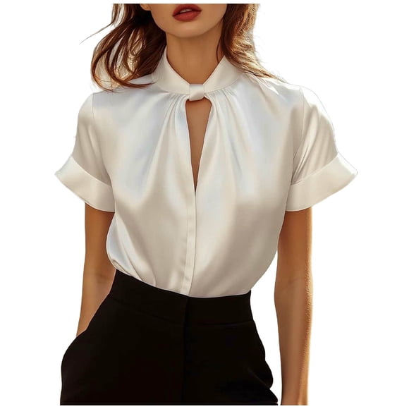 Women's Silk Satin T-shirts Keyhole Stand Collar Blouses Short Sleeve Elegant Tunic Formal Work and Office Tops
