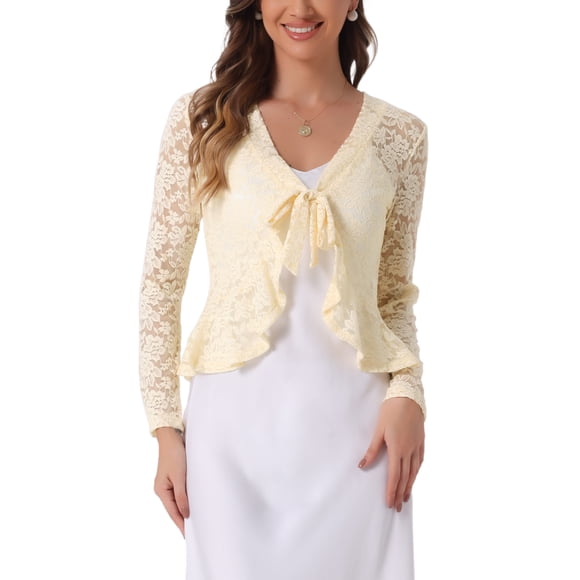 INSPIRE CHIC Women's Floral Lace Cardigans Tie Front Ruffled Hem Sheer Crop Bolero Shrug XL Light Beige