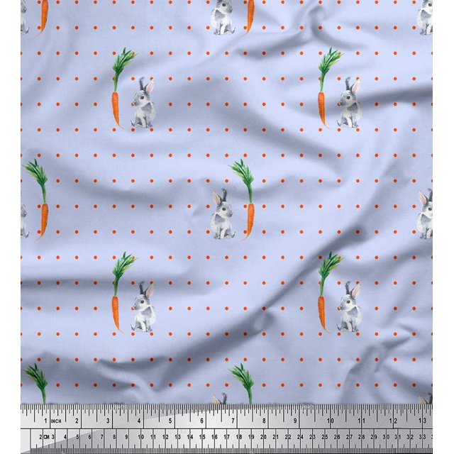 Soimoi Velvet Fabric Carrot & Rabbit Dots Print Fabric by the Yard 58 Inch Wide