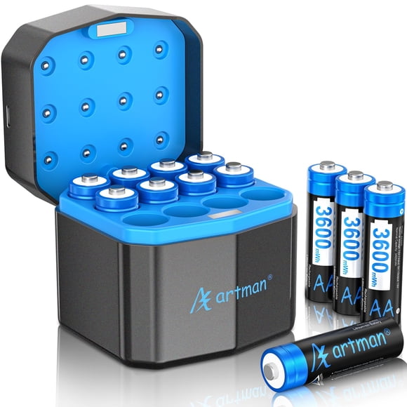 Artman Rechargeable Lithium AA Batteries 12 Pack with 12-Slot Charger, 3600mWh 1.5V High Power AA Lithium Batteries for Blink Outdoor Camer