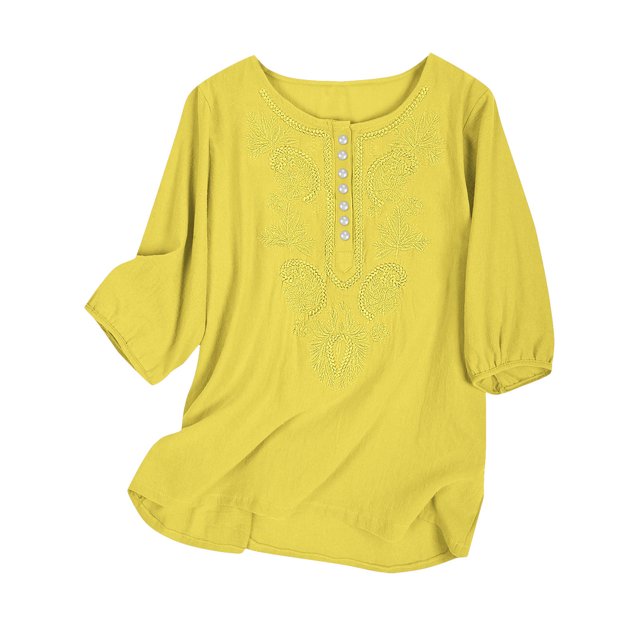Yuyuzo Hauts Boho pour Femmes Chic Décontracté Chemises à Manches 3/4 Broderie Col Rond Hauts d'Été Amples T-Shirts Blouse