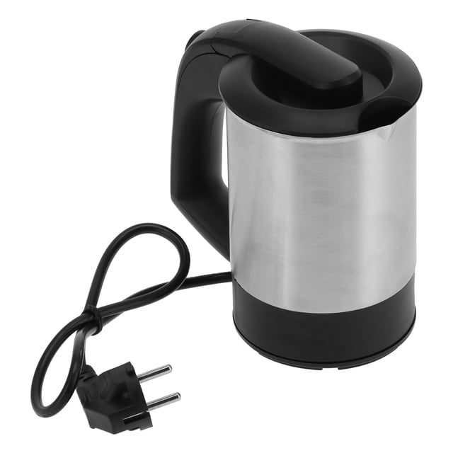 EU 220V, 0.5L Capacity Automatic Power Off Electric Kettle Portable Water Boiler for travel, home, and kitchen. The kettle features a brushed stainless steel body with a black cool-touch plastic handle and a 220V EU plug. It has a 1000W heater for fast boiling and an automatic shutdown function for energy efficiency. Includes two water cups and an instruction manual.