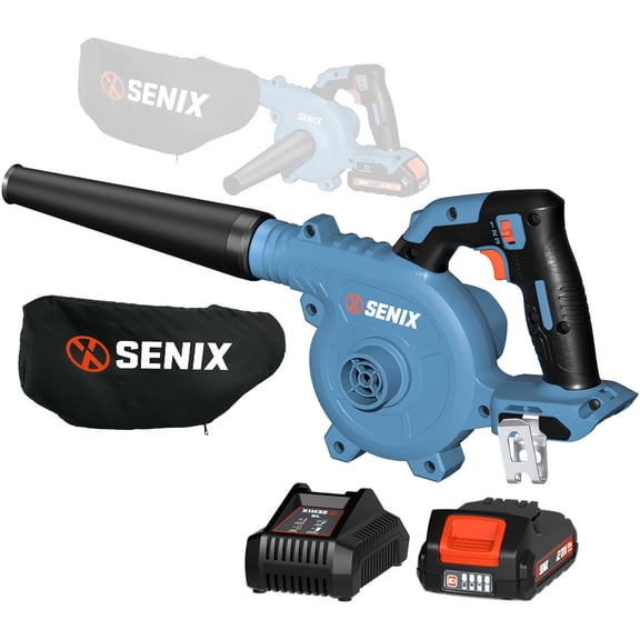 SENIX BLVX2-M 180 Mi/h à 75 CFM Souffleur de Feuilles et Aspirateur Portatifs 2-en-1 à Batterie 20 V, 3 Vitesses, avec Batterie et Chargeur Inclus