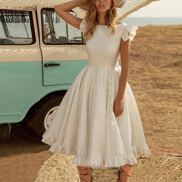 Tea Party Dress for Women Solid Color Cocktail Dresses Round Neck Sleeveless Ruffle Dress Lace Patchwork Dress