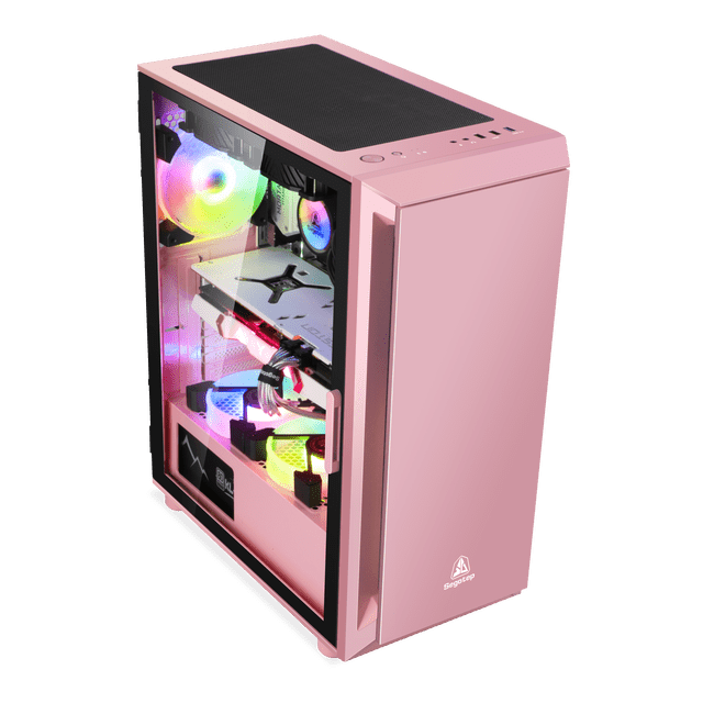 Segotep GANK 5 Gaming Computer PC Case in pink, a mid-tower case supporting ATX, Micro-ATX, and Mini-ITX motherboards. Features include USB 3.0 and USB 2.0 ports, tempered glass side panel, customizable fan positions, and RGB lighting compatibility. Ideal for gaming setups with efficient cooling and stylish design.