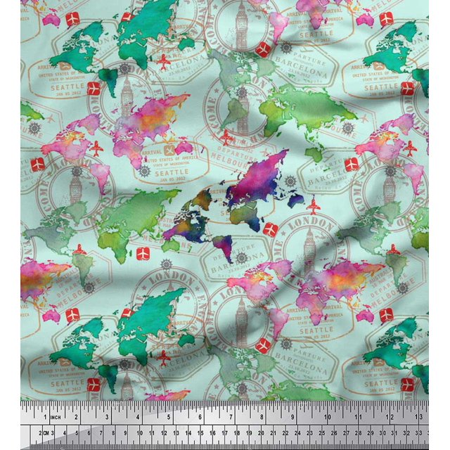 Soimoi Green Rayon Fabric Stamp & World Map Print Fabric by the Yard 56 Inch Wide