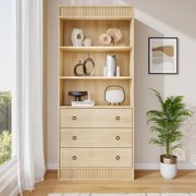 BeesClover 70.8" Fluted Wood Bookshelf with Drawers, 6-Tier Tall Storage Cabinet, Waved Design Open Bookcase, Light Wood Book Shelf for Living Room, Office, Home Storage