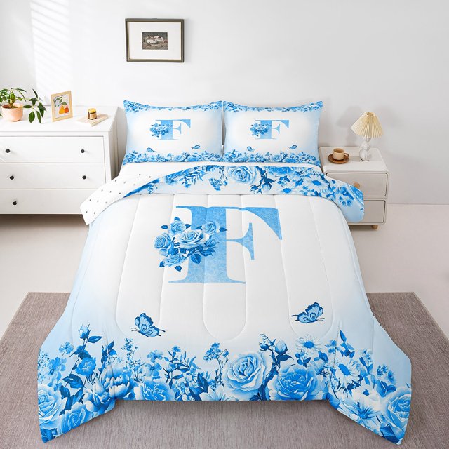 Erosebridal Letter Initial Bedding Twin Comforter Set,Monogrammed Personalized Down Comforter,Flower Decor,Reversible,Lightweight,2-Piece