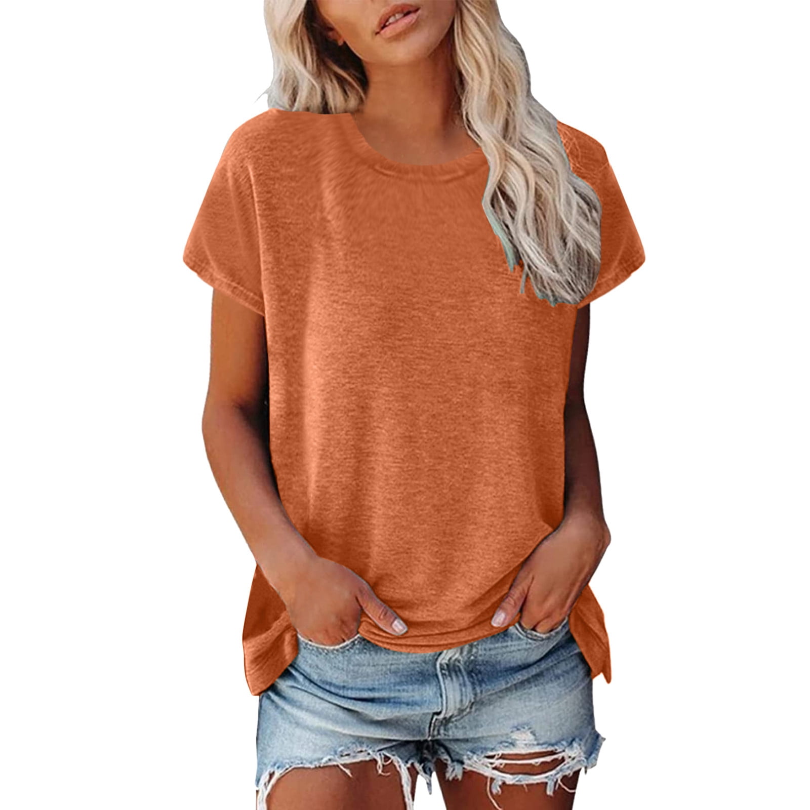 Hiiyo T-Shirt pour Femme à Manches Courtes, Col Rond, T-Shirt d'Été Décontracté, Orange P