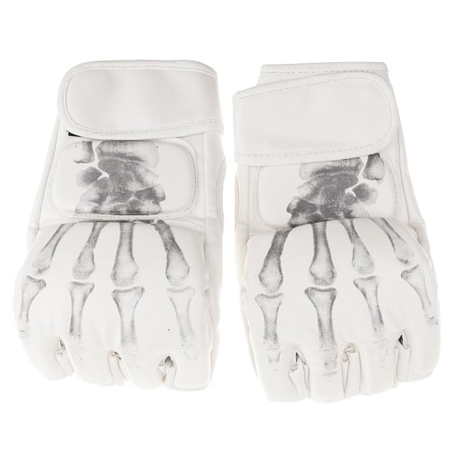 KickBoxing Gloves Boxing Muay Thai Pouching MMA Training Gloves Mitts in white color with a skull finger design. Made of premium PU leather and sponge, featuring a half-finger design for flexibility, reinforced padded palm for protection, and perforations to reduce sweat during training. Ideal for boxing, kickboxing, MMA sparring, and sandbag training.