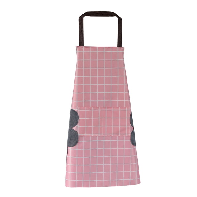 Cooking Apron, Aprons For Women With Pockets, Home apron that wipes your hands. A pink PVC kitchen apron with a grid pattern, featuring two water-absorbent coral velvet towels on the waist for hand wiping, double pockets for convenience, and adjustable neck straps. Lightweight and durable design, ideal for kitchen linens.