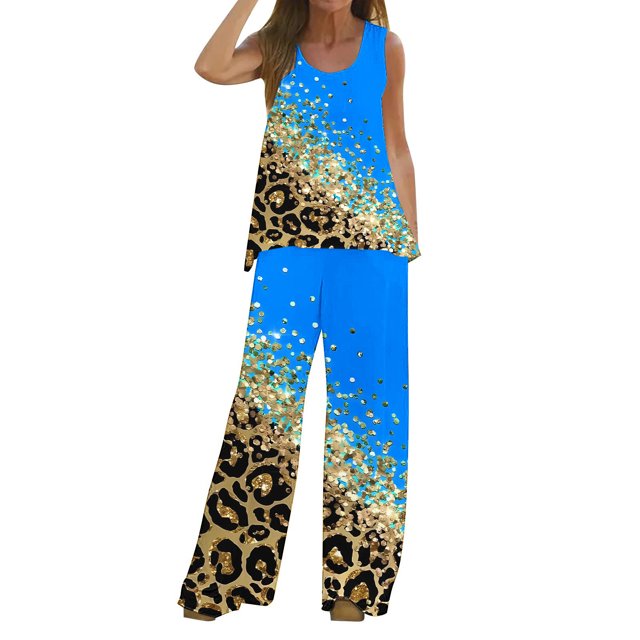 Mikilon Ensemble Stylé pour Femmes 2 Pcs Décontracté Ample Débardeur Imprimé Pantalon Long Sans Manches Col Rond Haut/chemise Ensemble Bleu-A m