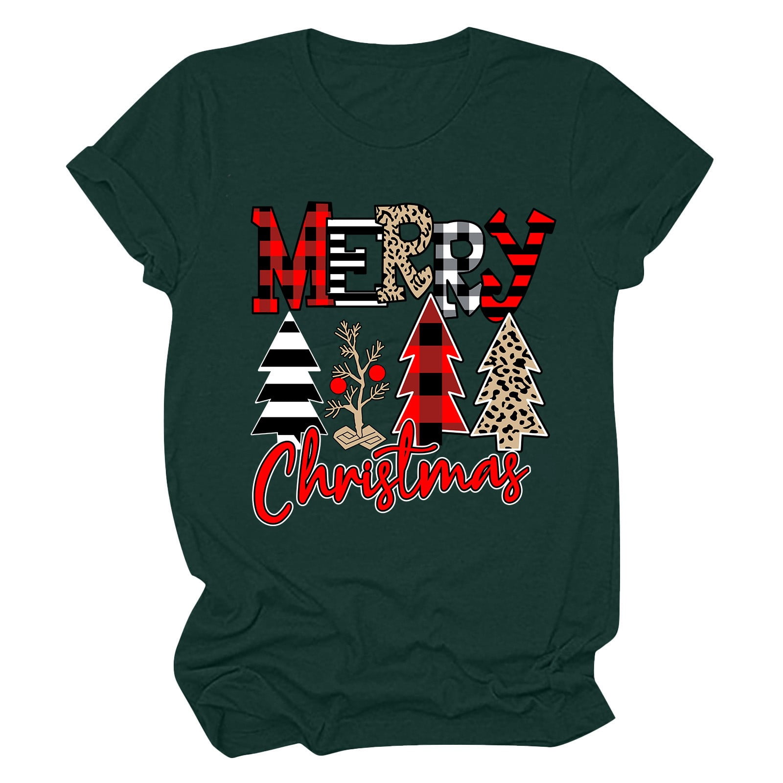 Haut de Sapin de Noël Femme Décontracté Col Rond Manches Courtes T-shirt Imprimé Sapin de Noël Haut