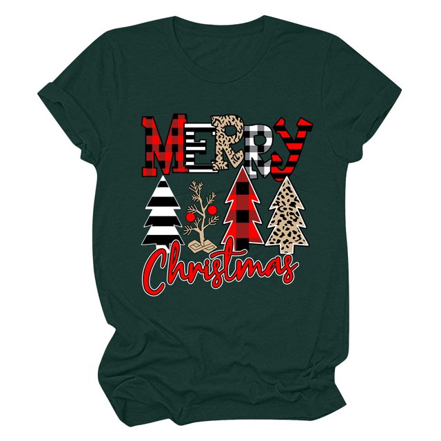 Haut de Sapin de Noël Femme Décontracté Col Rond Manches Courtes T-shirt Imprimé Sapin de Noël Haut