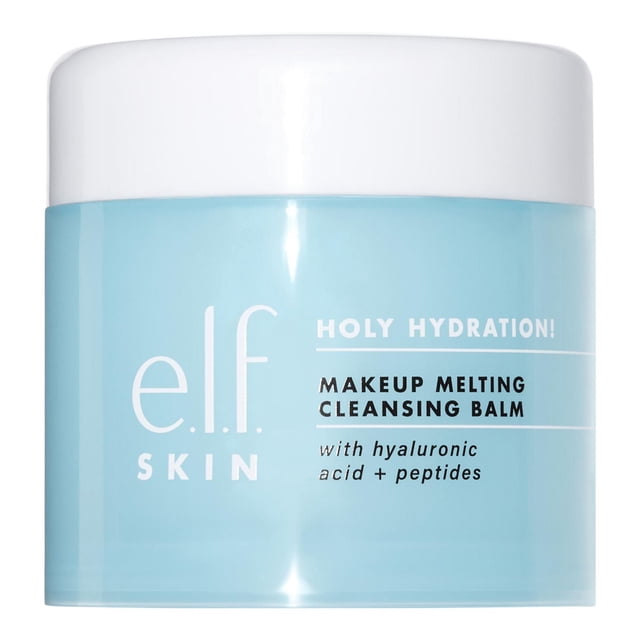 e.l.f. Skin Holy Hydration! Makeup Melting Cleansing Balm in a light blue jar with white lid, formulated with hyaluronic acid and peptides to hydrate and nourish skin while gently removing makeup, suitable for all skin types and ideal for double cleansing.