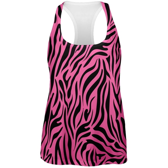 Zebra Print Pink All Over Womens Tank Top with a bold pink and black zebra stripe design. Crafted from sublimated polyester, this racerback tank top features unique imperfections from the dye sublimation process. Perfect for women's fashion, summer wear, or casual layering.
