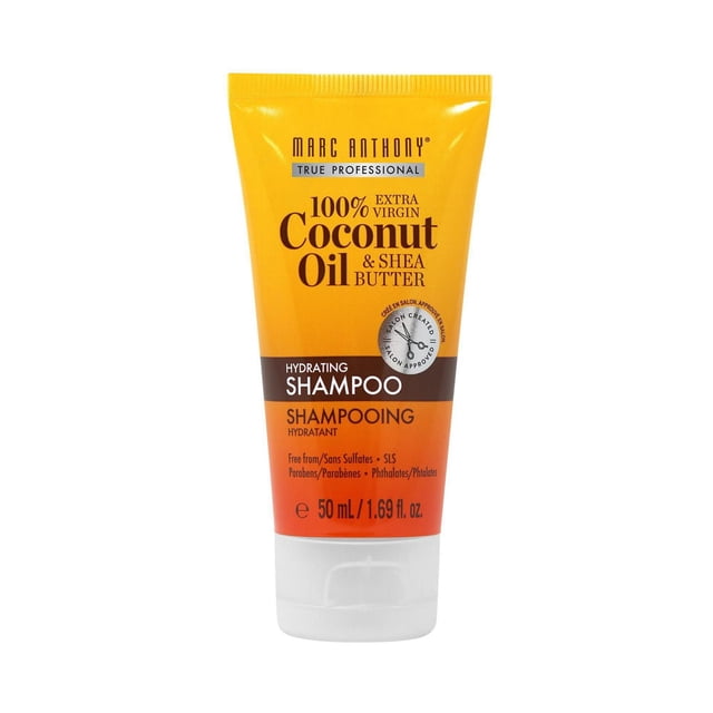 Marc Anthony 100% Coconut Oil & Shea Butter Shampoo travel size 50 ml tube with hydrating formula free from sulfates, SLS, parabens, and phthalates, designed to nourish dry, damaged hair and promote shiny, frizz-free hair, ideal for travel use.